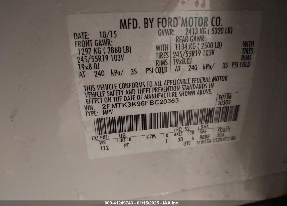 2015 FORD EDGE TITANIUM VIN: 2FMTK3K96FBC20363