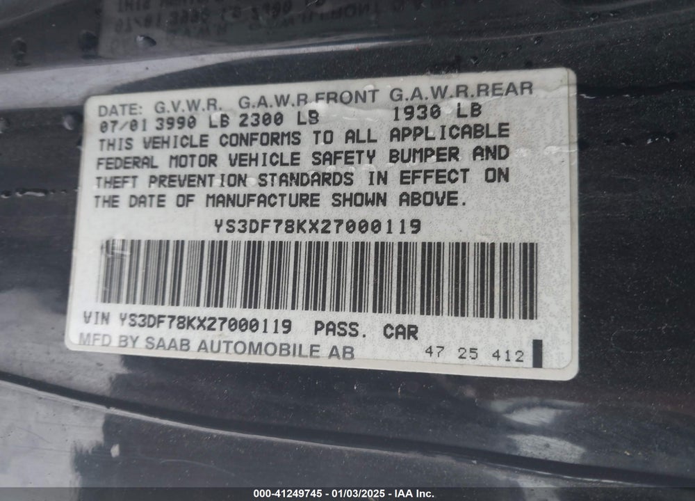 2002 SAAB 9-3 SE VIN: YS3DF78KX27000119