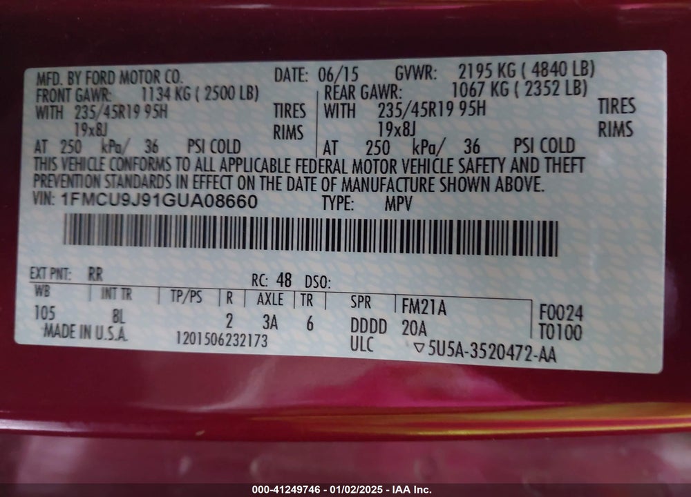 2016 FORD ESCAPE TITANIUM VIN: 1FMCU9J91GUA08660