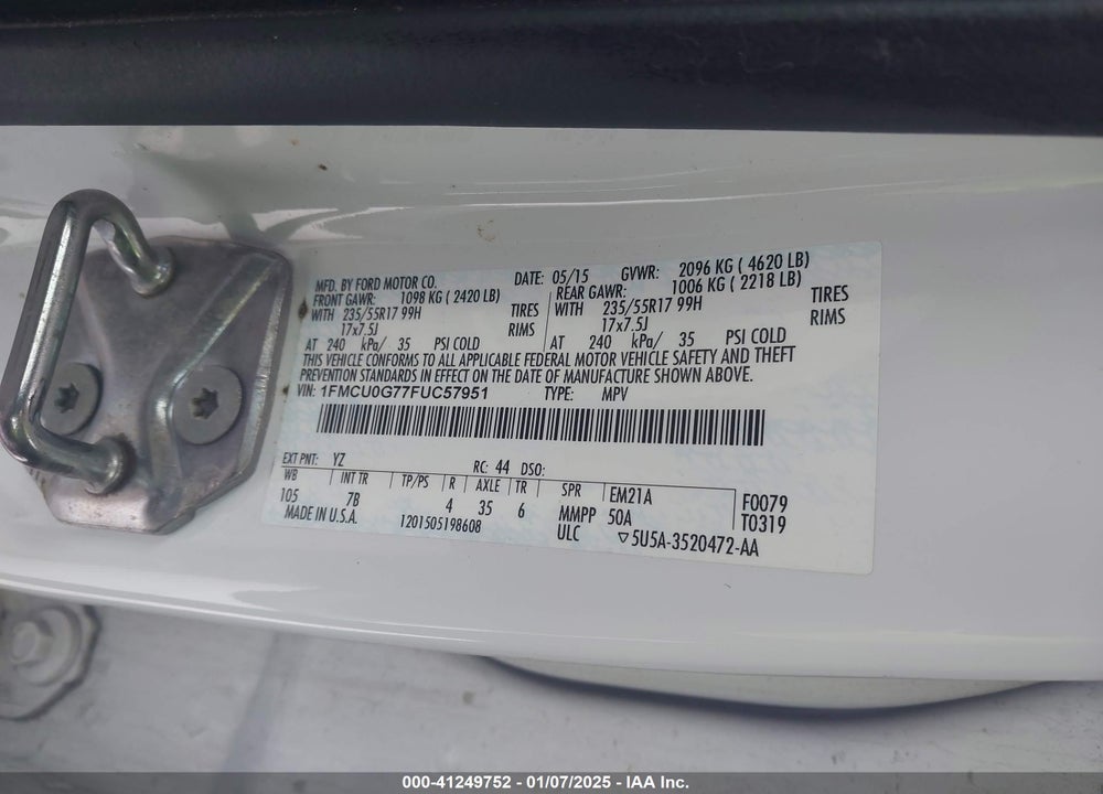 2015 FORD ESCAPE VIN: 1FMCU0G77FUC57951