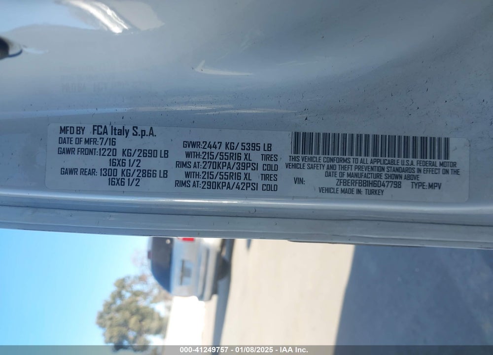 2017 RAM PROMASTER CITY TRADESMAN SLT VIN: ZFBERFBB1H6D47798