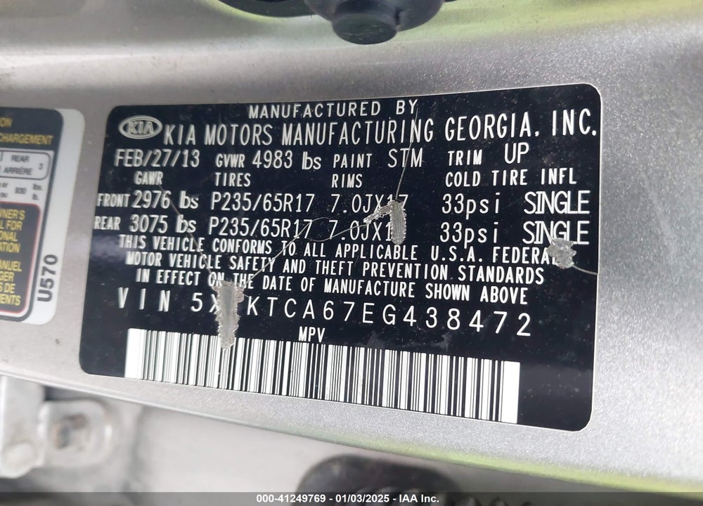 2014 KIA SORENTO LX VIN: 5XYKTCA67EG438472