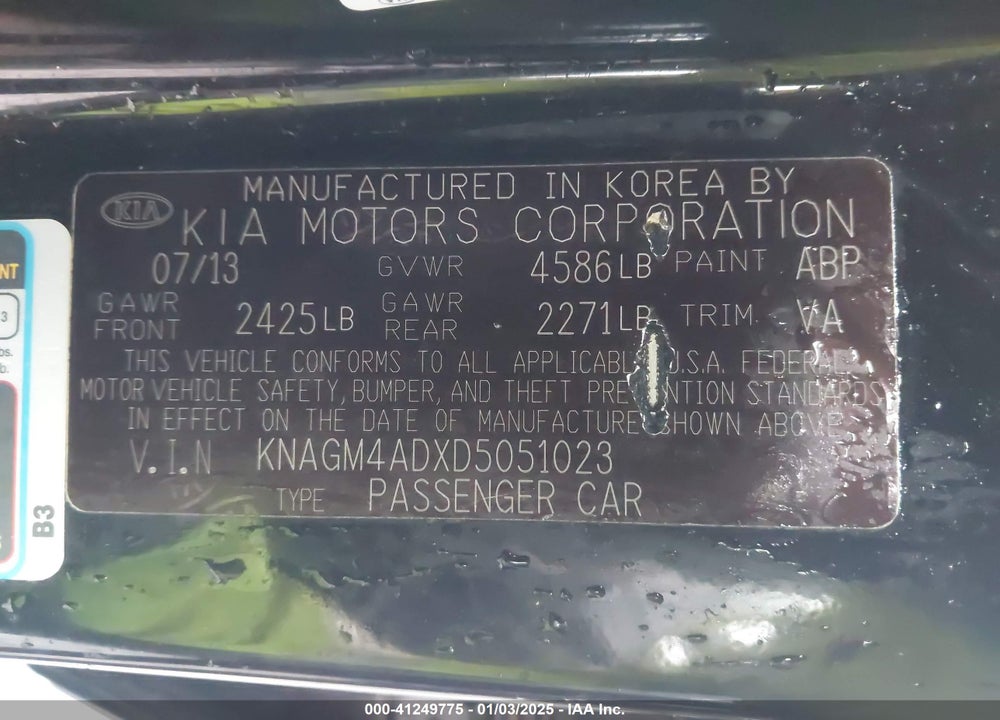 2013 KIA OPTIMA HYBRID VIN: KNAGM4ADXD5051023