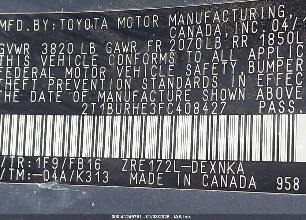 2015 TOYOTA COROLLA LE VIN: 2T1BURHE3FC408427