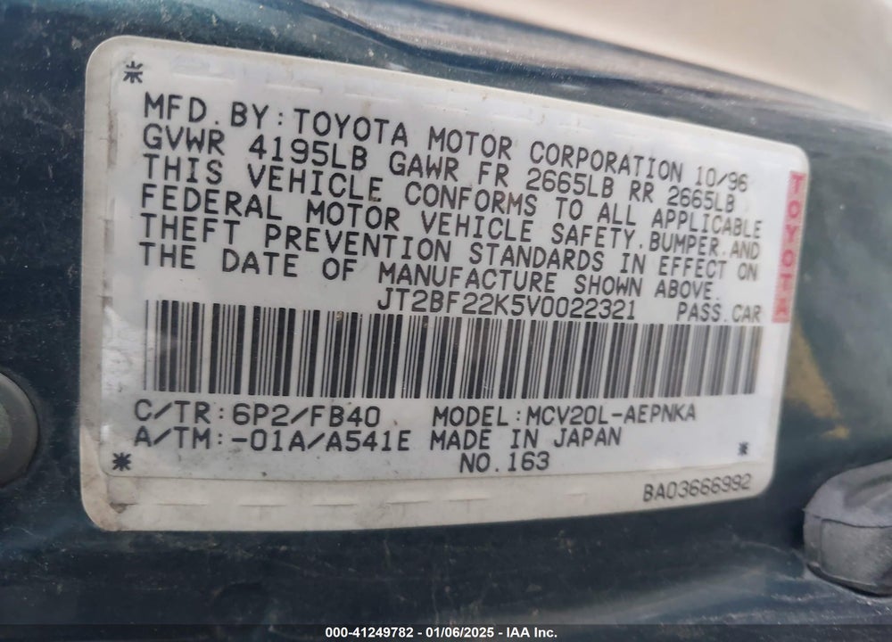 1997 TOYOTA CAMRY LE V6 VIN: JT2BF22K5V0022321