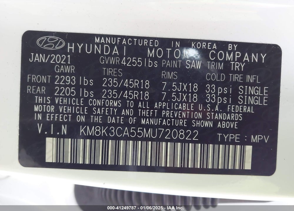 2021 HYUNDAI KONA VIN: KM8K3CA55MU720822
