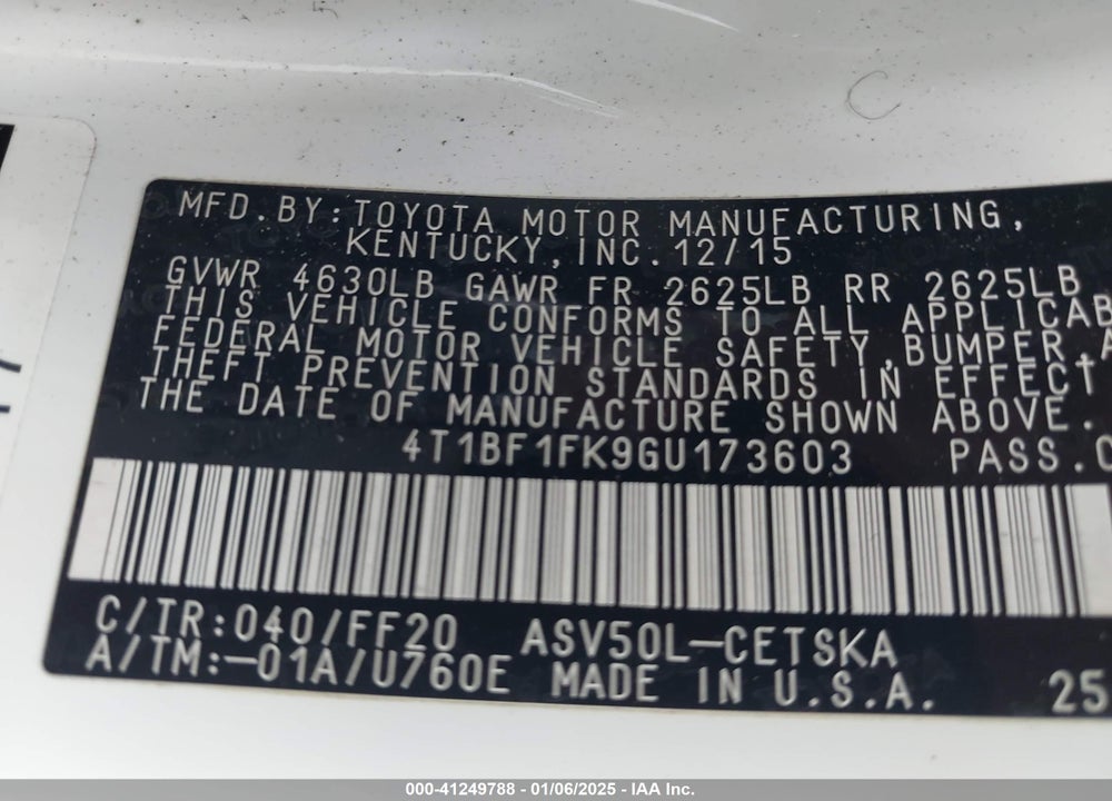 2016 TOYOTA CAMRY VIN: 4T1BF1FK9GU173603
