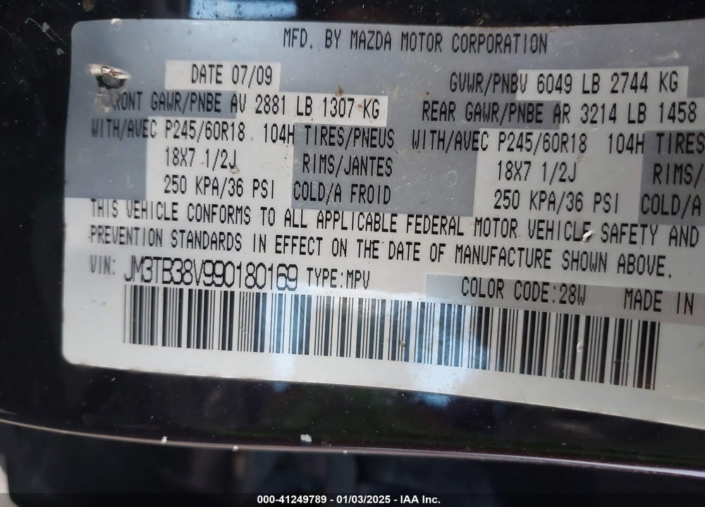 2009 MAZDA CX-9 VIN: JM3TB38V990180169