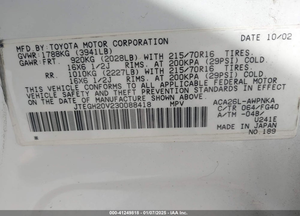2003 TOYOTA RAV4 VIN: JTEGH20V230088418