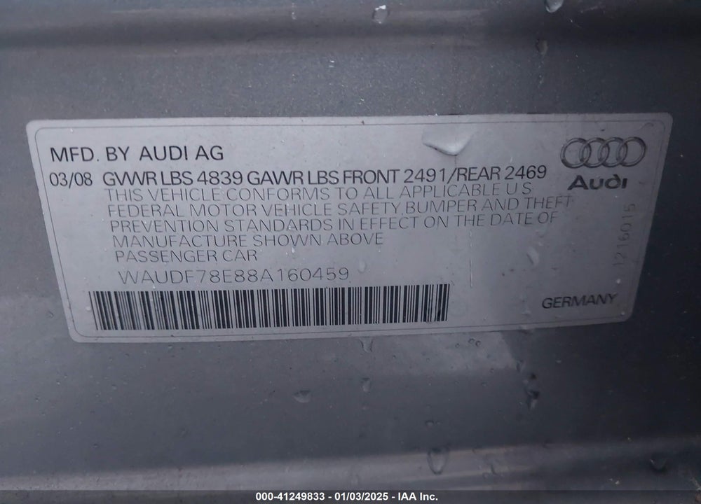 2008 AUDI A4 2.0T/2.0T SPECIAL EDITION VIN: WAUDF78E88A160459