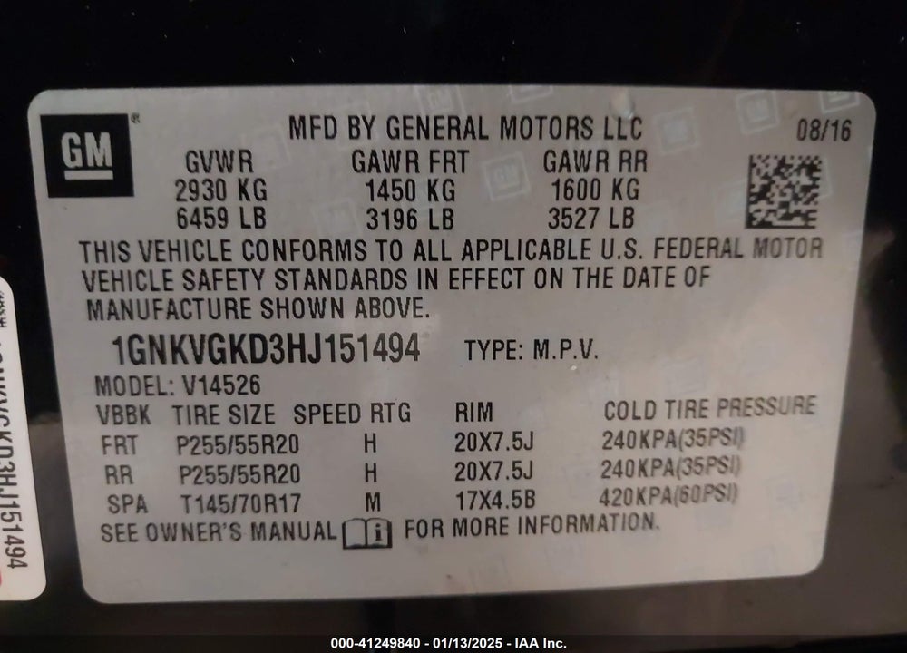 2017 CHEVROLET TRAVERSE 1LT VIN: 1GNKVGKD3HJ151494