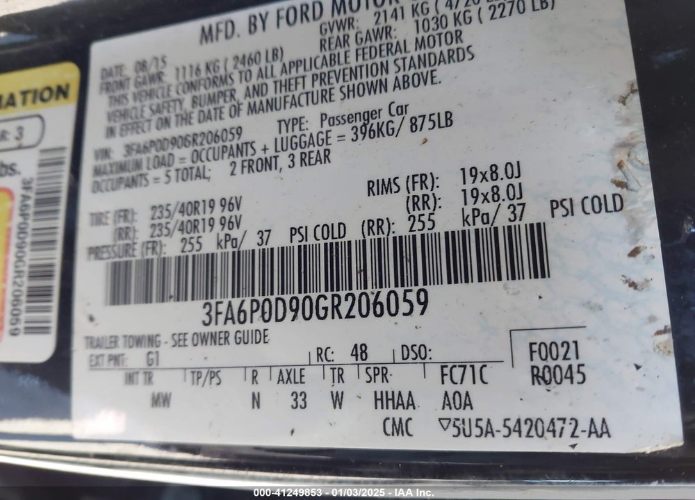 2016 FORD FUSION VIN: 3FA6P0D90GR206059