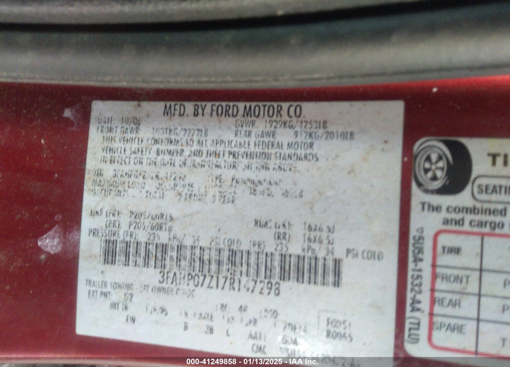 2007 FORD FUSION VIN: 3FAHP07Z17R147298