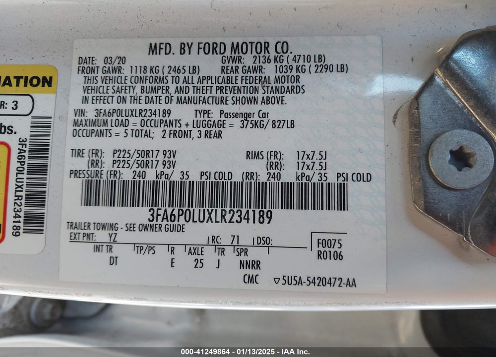 2020 FORD FUSION HYBRID SE VIN: 3FA6P0LUXLR234189
