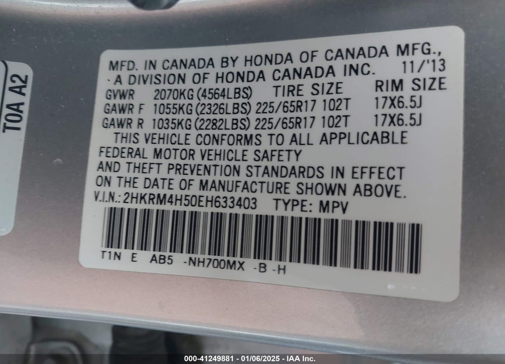 2014 HONDA CR-V VIN: 2HKRM4H50EH633403