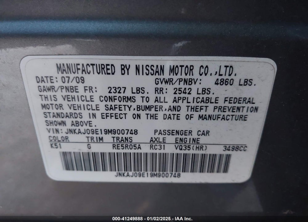 2009 INFINITI EX35 JOURNEY VIN: JNKAJ09E19M900748