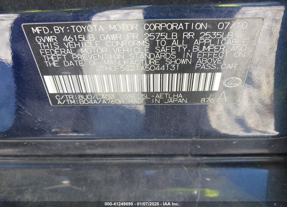 2010 LEXUS IS 250 VIN: JTHCF5C21A5044131