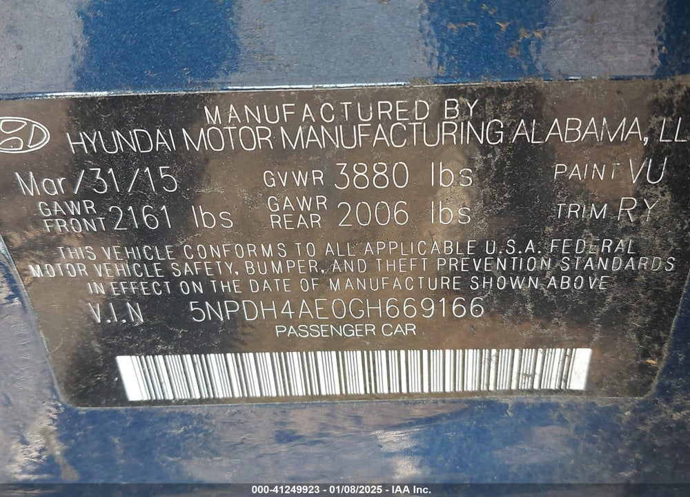 2016 HYUNDAI ELANTRA VIN: 5NPDH4AE0GH669166