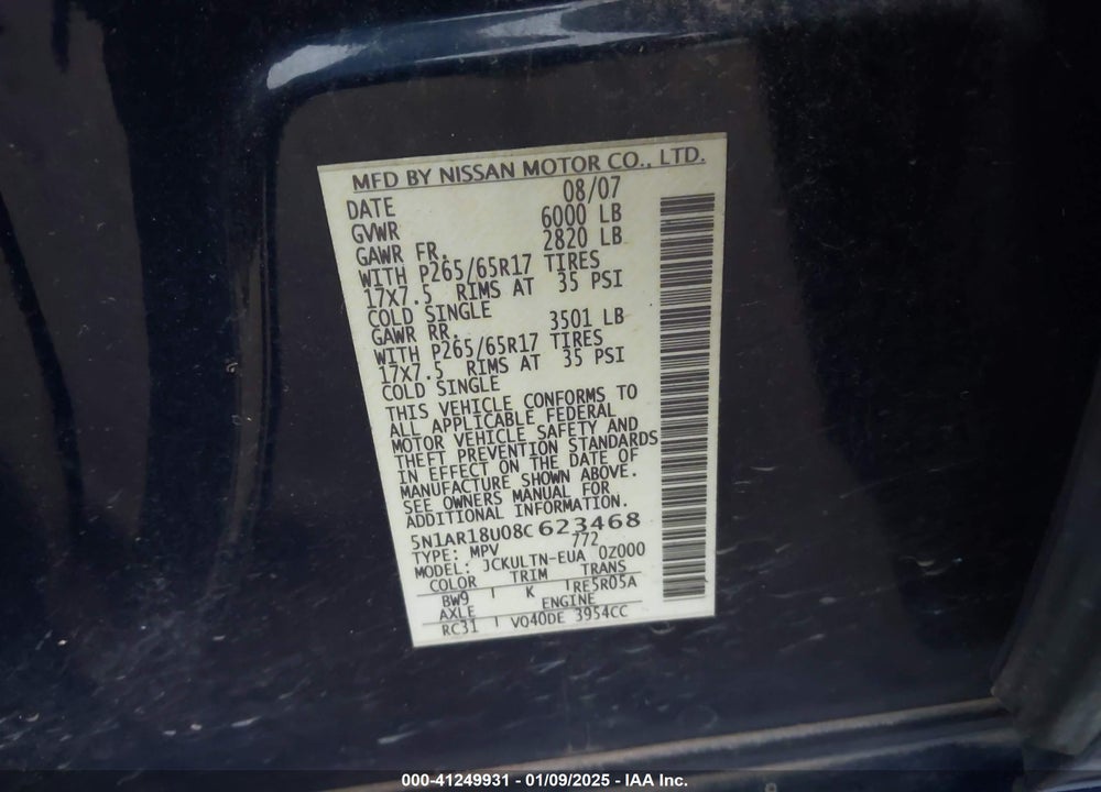 2008 NISSAN PATHFINDER SE VIN: 5N1AR18U08C623468