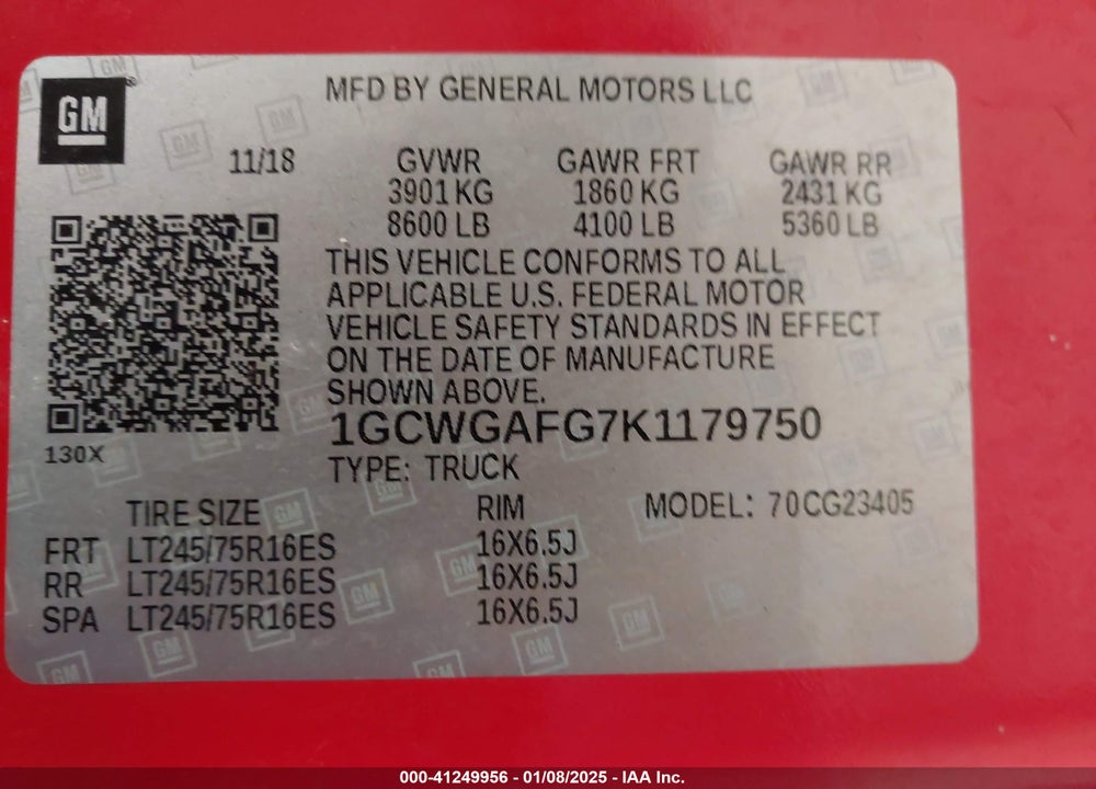 2019 CHEVROLET EXPRESS 2500 WORK VAN VIN: 1GCWGAFG7K1179750