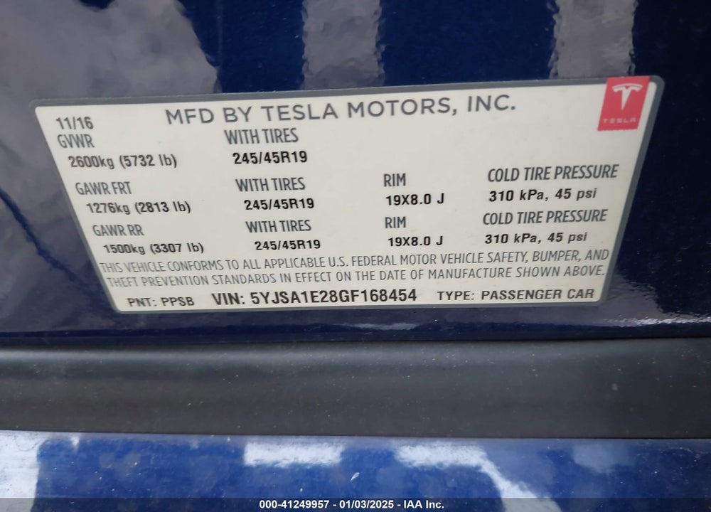 2016 TESLA MODEL S VIN: 5YJSA1E28GF168454