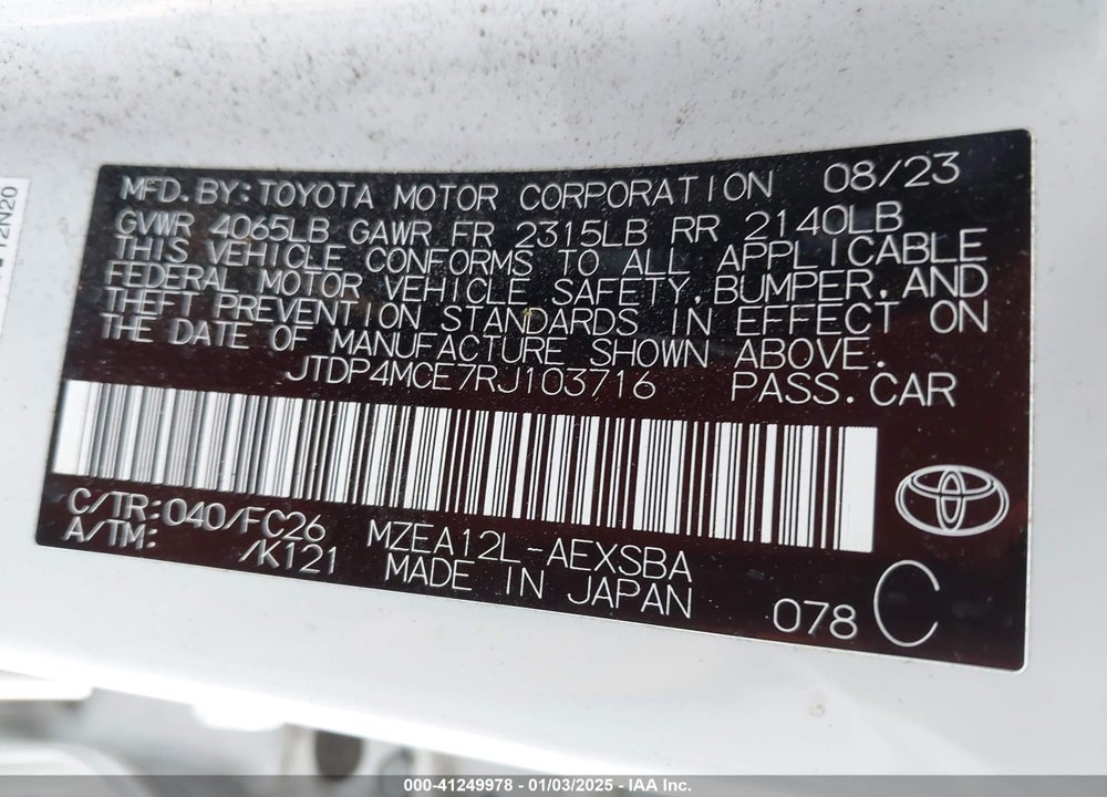 2024 TOYOTA COROLLA VIN: JTDP4MCE7RJ103716