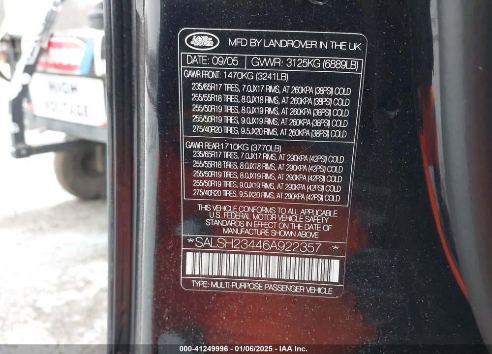 2006 LAND ROVER RANGE ROVER SPORT VIN: SALSH23446A922357