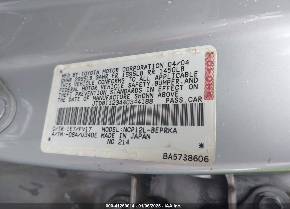 2004 TOYOTA ECHO VIN: JTDBT123440344188