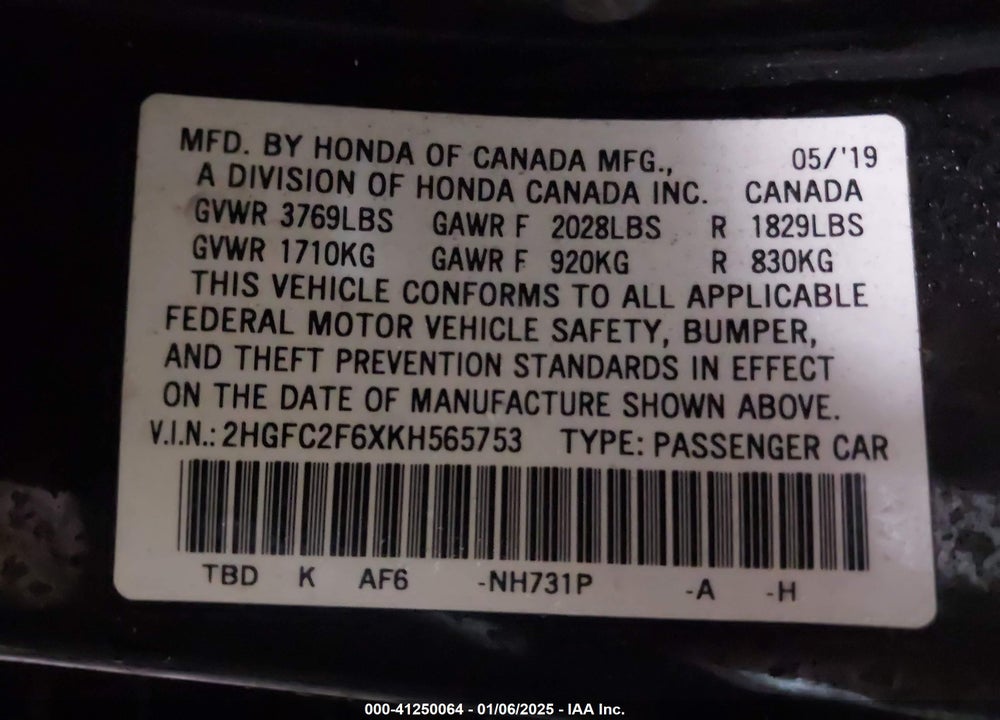 2019 HONDA CIVIC LX VIN: 2HGFC2F6XKH565753