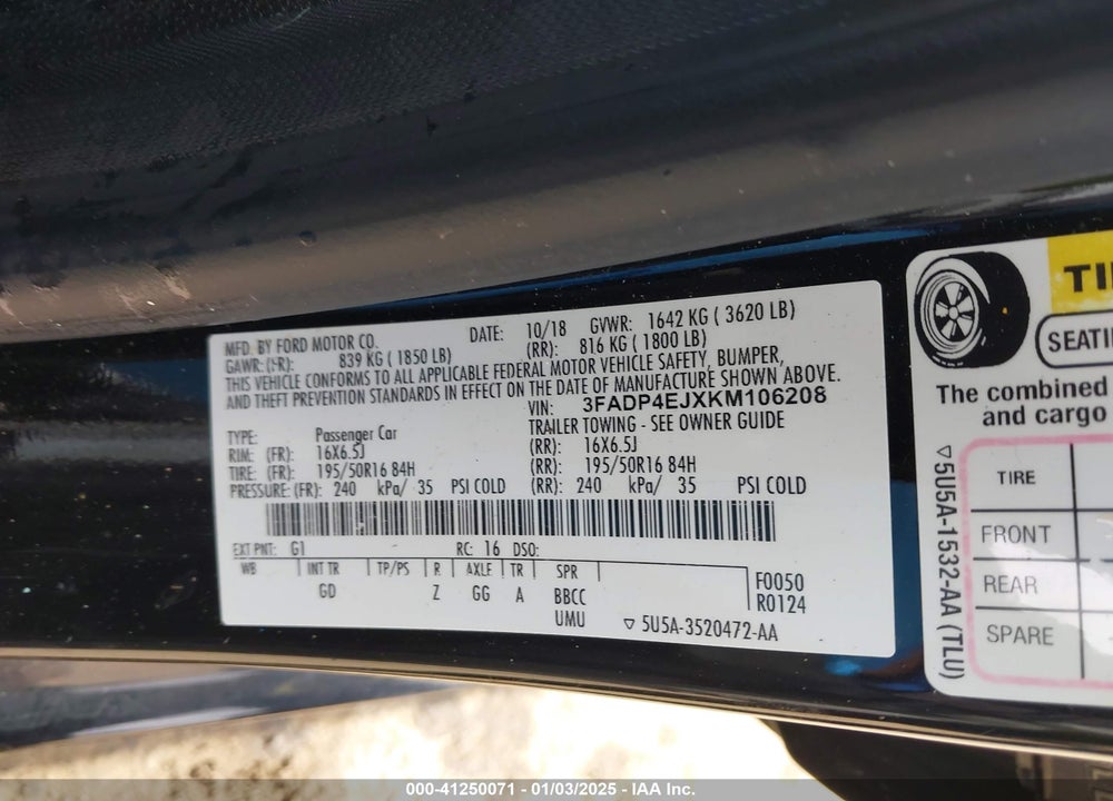 2019 FORD FIESTA SE VIN: 3FADP4EJXKM106208