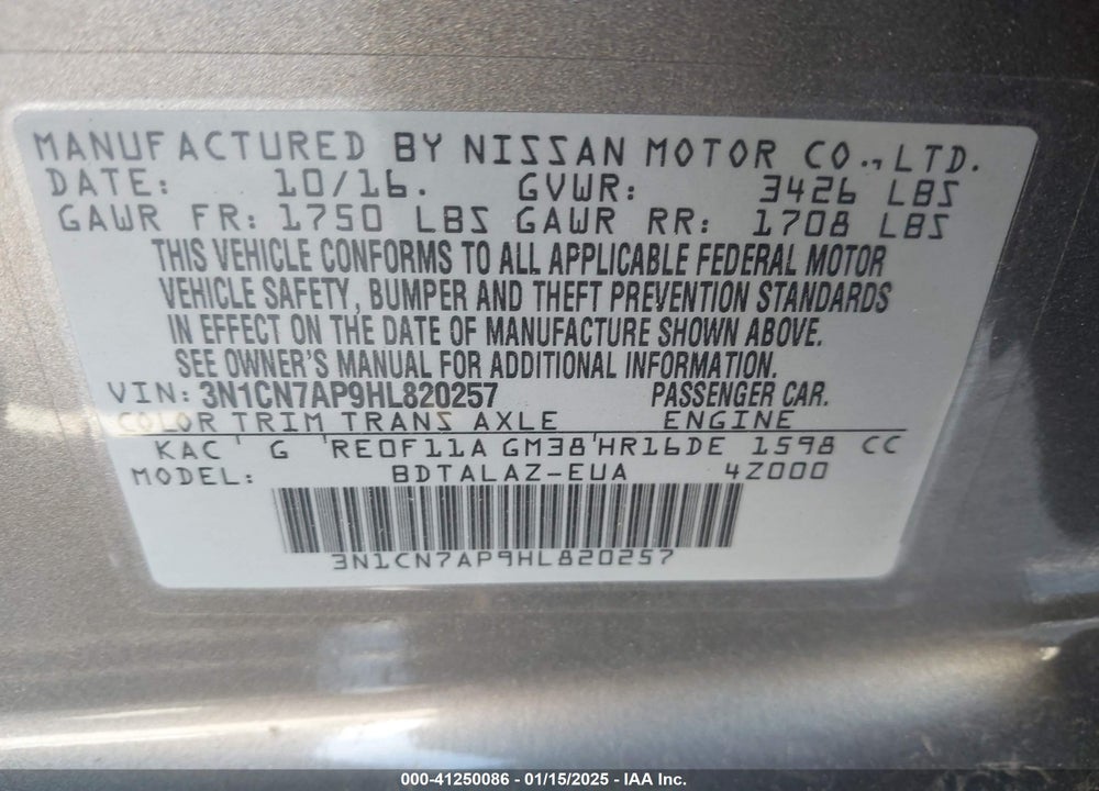 2017 NISSAN VERSA VIN: 3N1CN7AP9HL820257