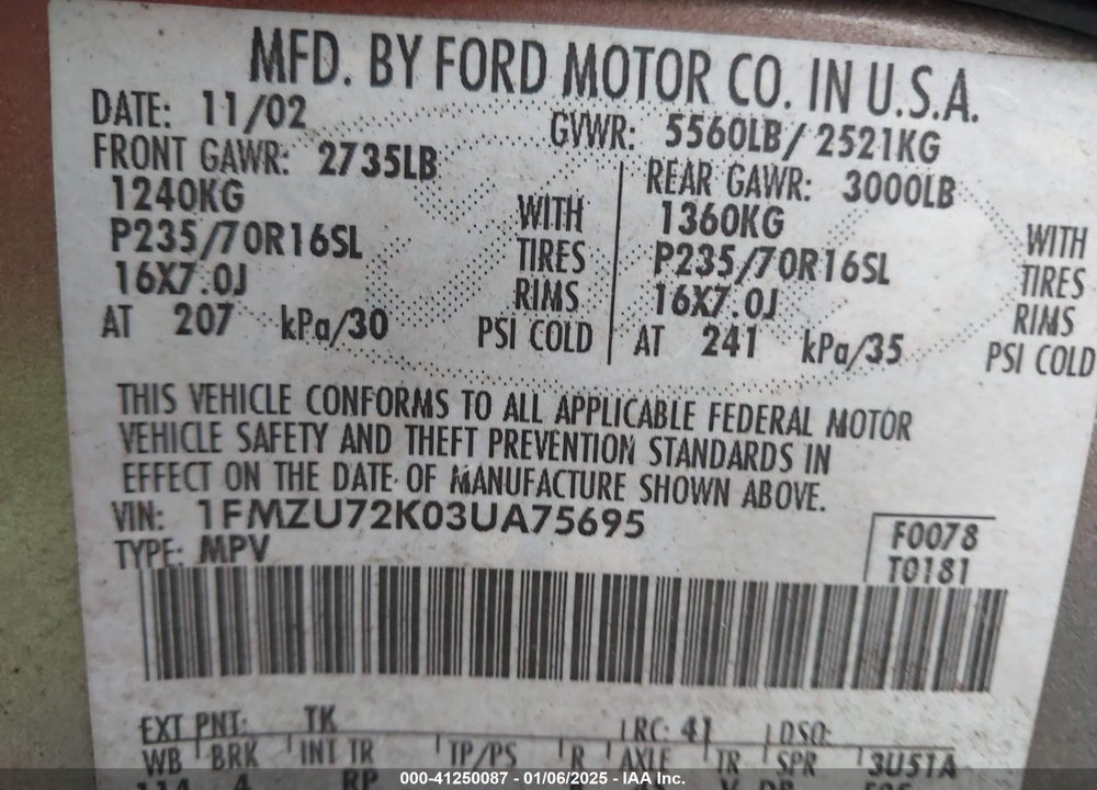 2003 FORD EXPLORER VIN: 1FMZU72K03UA75695