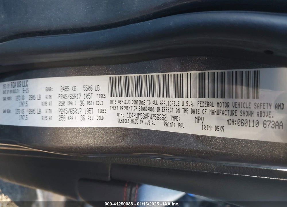 2015 JEEP CHEROKEE TRAILHAWK VIN: 1C4PJMBSXFW756362