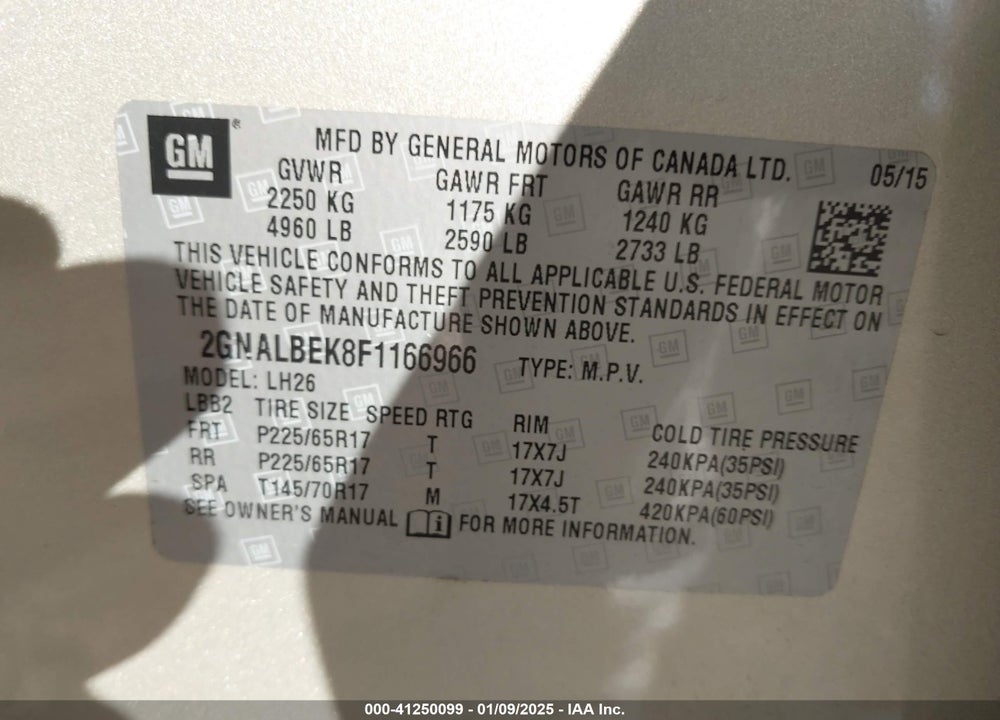 2015 CHEVROLET EQUINOX 1LT VIN: 2GNALBEK8F1166966