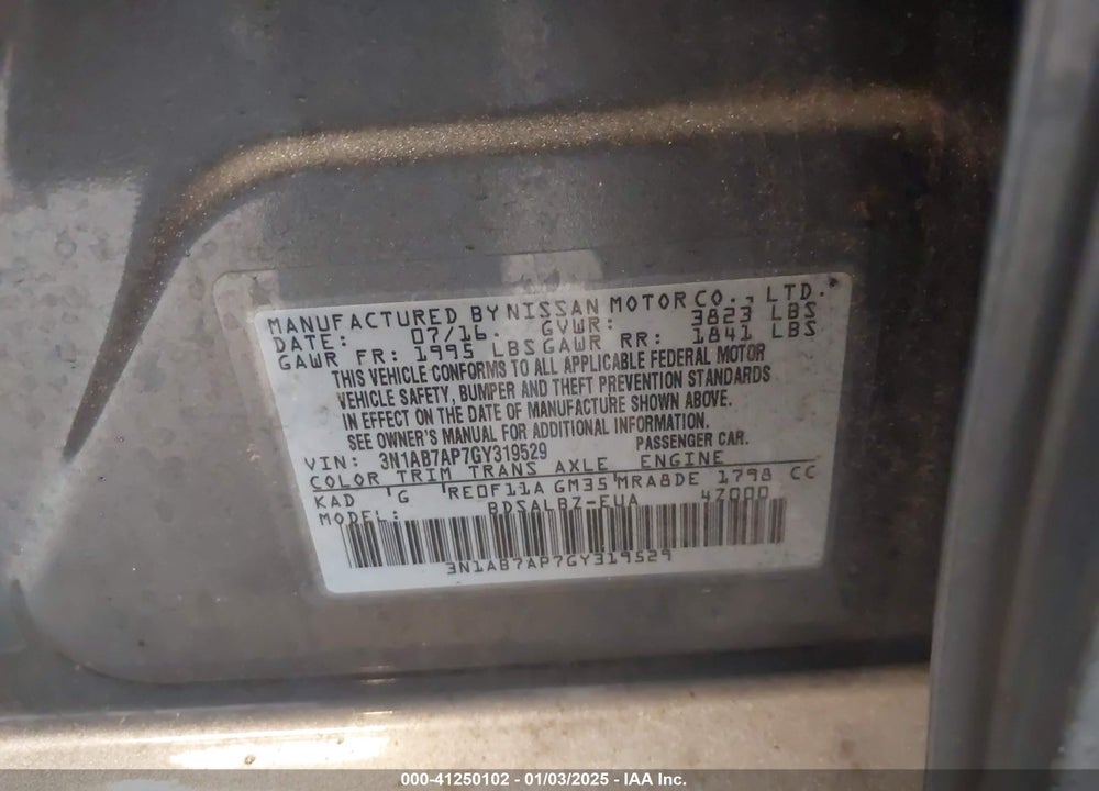 2016 NISSAN SENTRA VIN: 3N1AB7AP7GY319529