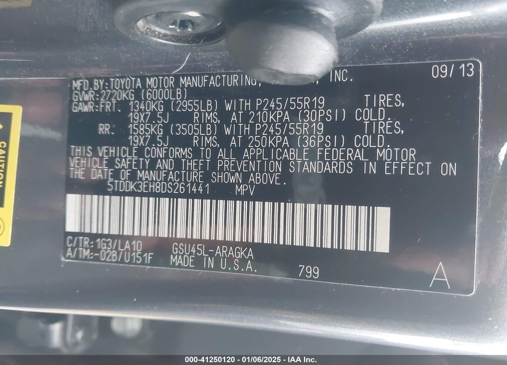 2013 TOYOTA HIGHLANDER VIN: 5TDDK3EH8DS261441