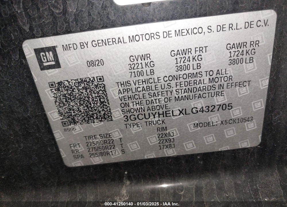 2020 CHEVROLET SILVERADO 1500 4WD SHORT BED HIGH COUNTRY VIN: 3GCUYHELXLG432705