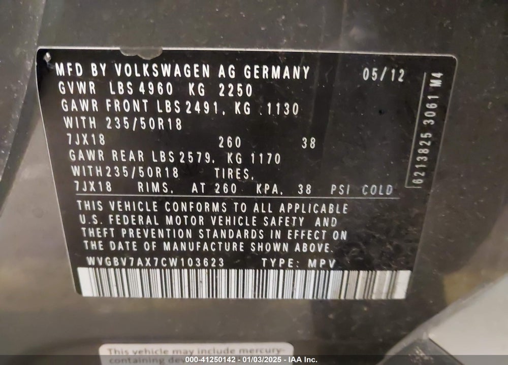 2012 VOLKSWAGEN TIGUAN VIN: WVGBV7AX7CW103623