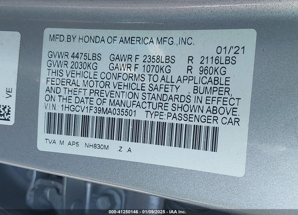 2021 HONDA ACCORD SPORT VIN: 1HGCV1F39MA035501