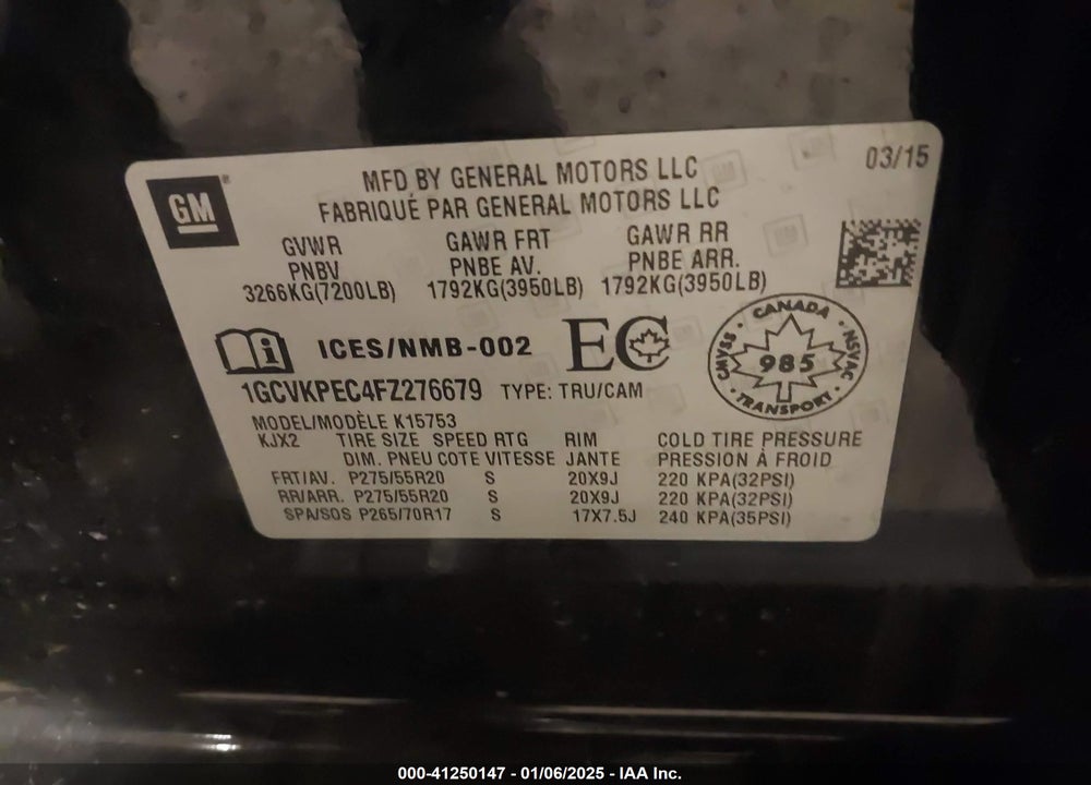 2015 CHEVROLET SILVERADO 1500 VIN: 1GCVKPEC4FZ276679