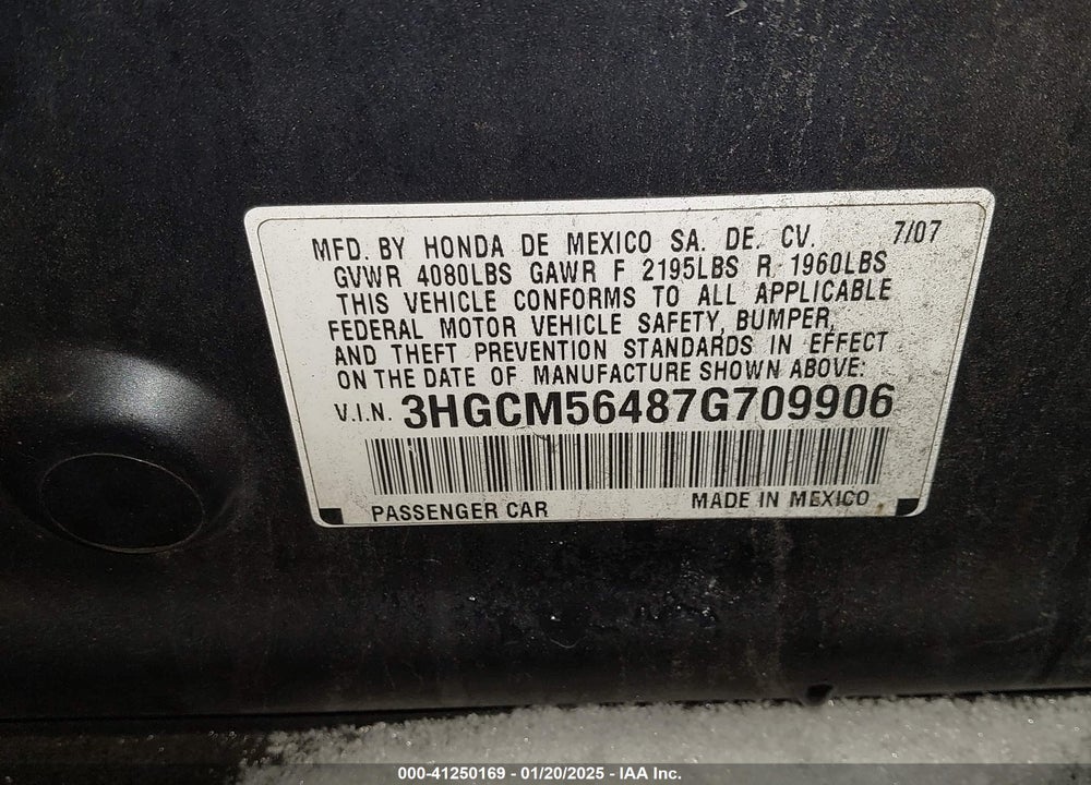 2007 HONDA ACCORD VIN: 3HGCM56487G709906