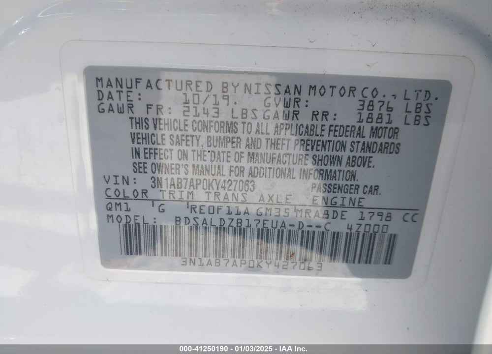 2019 NISSAN SENTRA SV VIN: 3N1AB7AP0KY427063