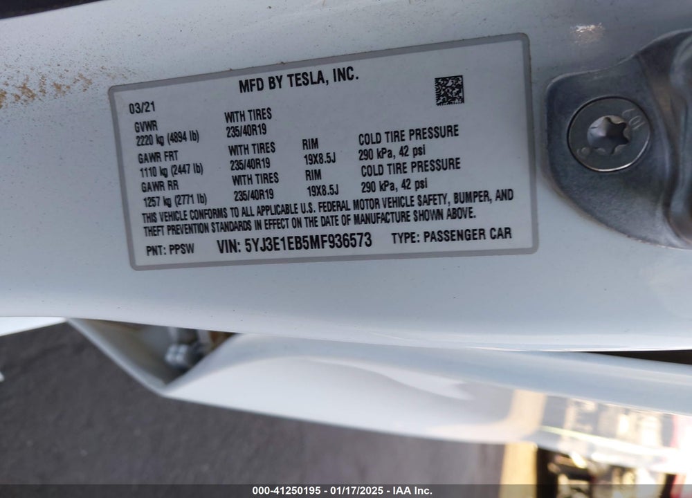 2021 TESLA MODEL 3 LONG RANGE DUAL MOTOR ALL-WHEEL DRIVE VIN: 5YJ3E1EB5MF936573