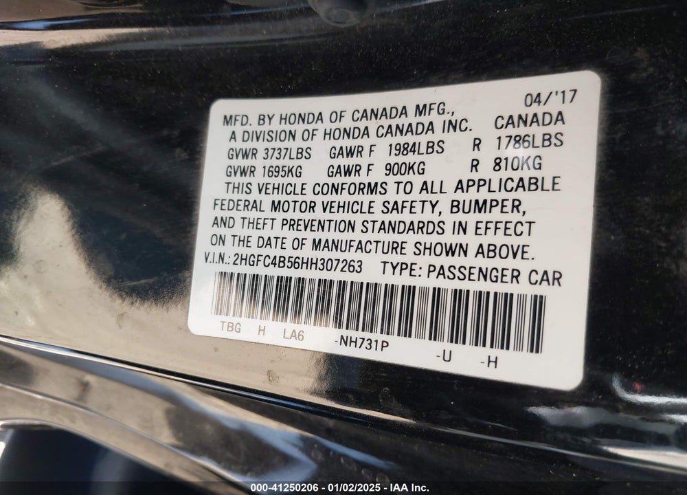 2017 HONDA CIVIC LX VIN: 2HGFC4B56HH307263