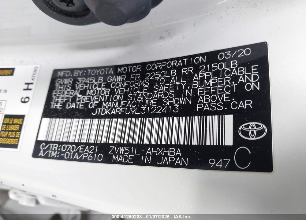 2020 TOYOTA PRIUS LIMITED VIN: JTDKARFU9L3122413