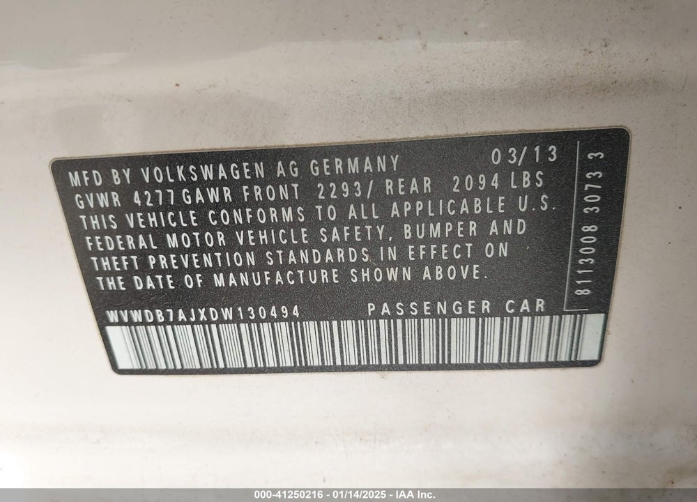 2013 VOLKSWAGEN GOLF VIN: WVWDB7AJXDW130494