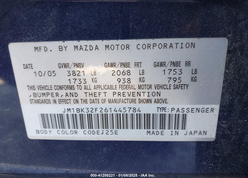 2006 MAZDA 3 I VIN: JM1BK32F261445784