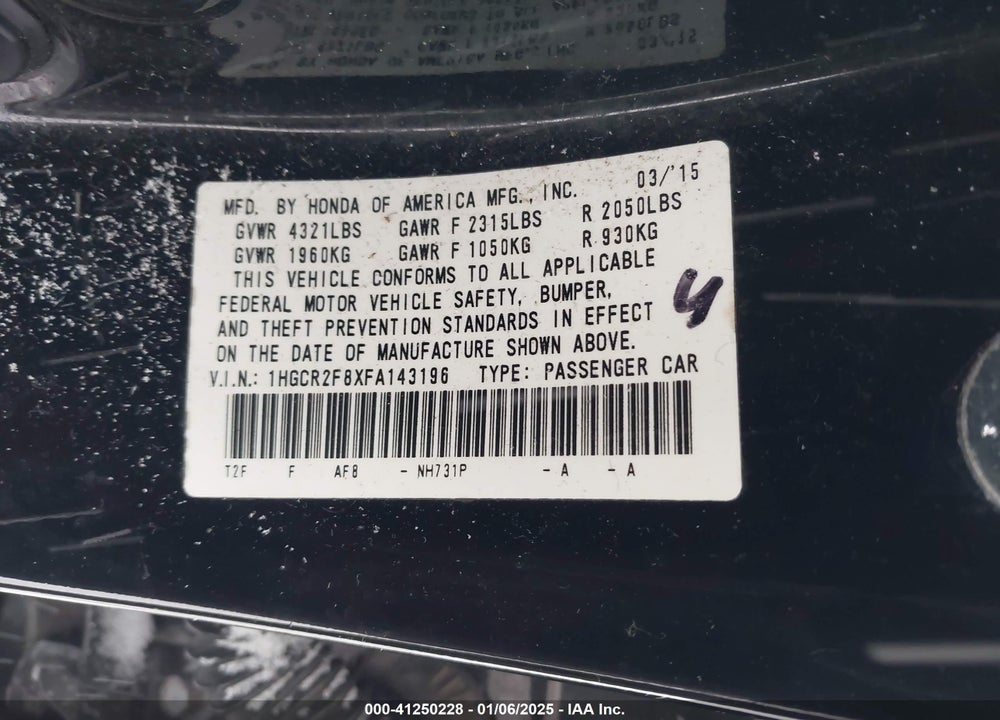2015 HONDA ACCORD VIN: 1HGCR2F8XFA143196