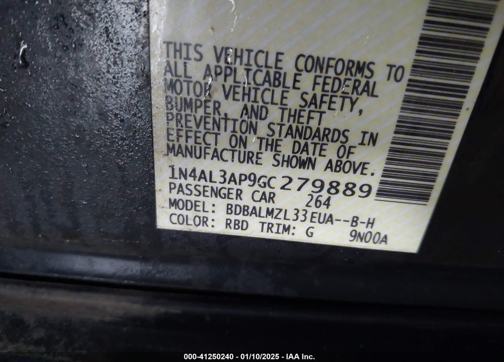 2016 NISSAN ALTIMA VIN: 1N4AL3AP9GC279889