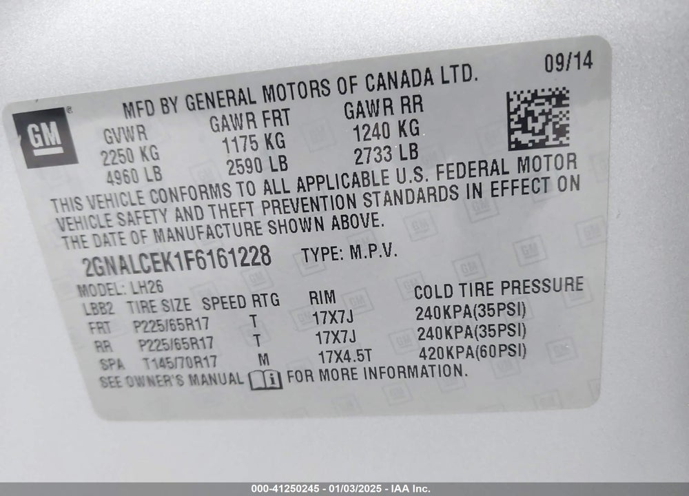 2015 CHEVROLET EQUINOX 2LT VIN: 2GNALCEK1F6161228